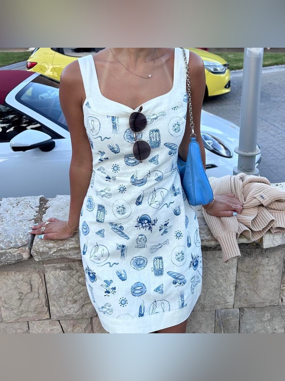 Abercrombie Linen Blend Wide Strap Square Neck Mini Dress - Nautical Print - Picture 6 of 11